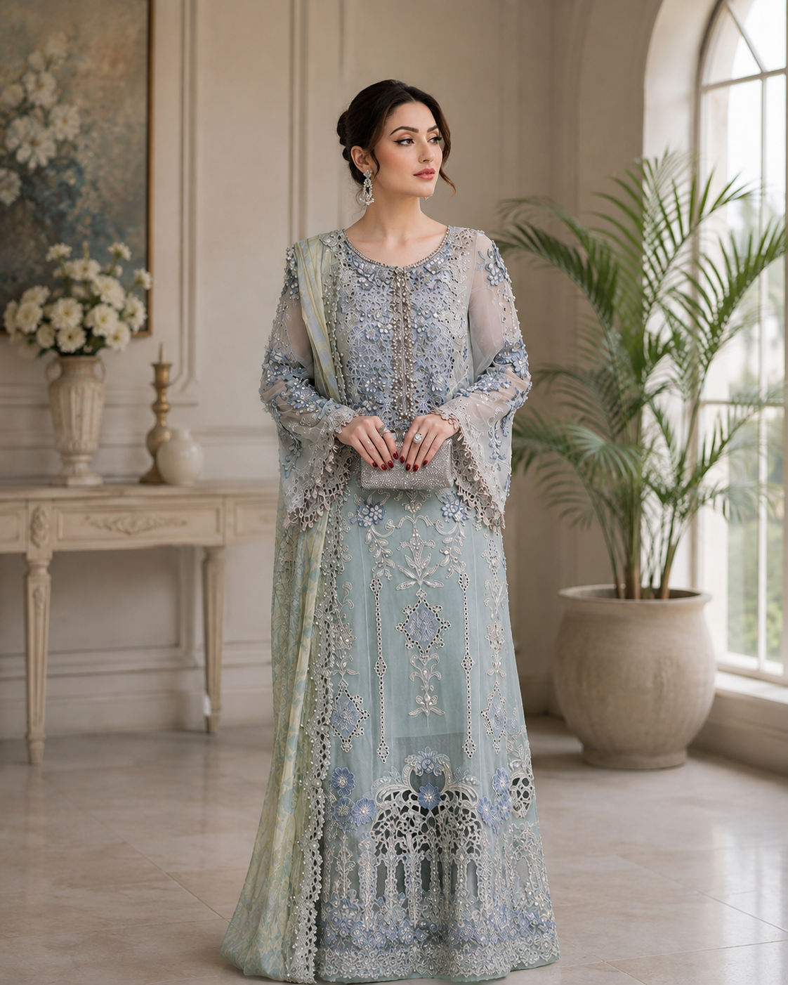 Aqua Serenity Embroidered Chiffon Suit