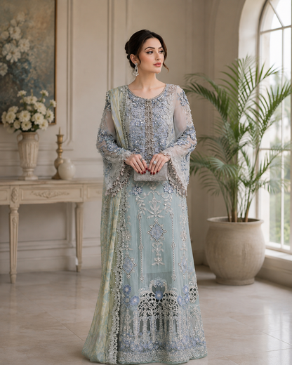 Aqua Serenity Embroidered Chiffon Suit
