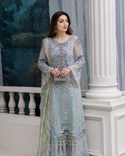 Aqua Serenity Embroidered Chiffon Suit