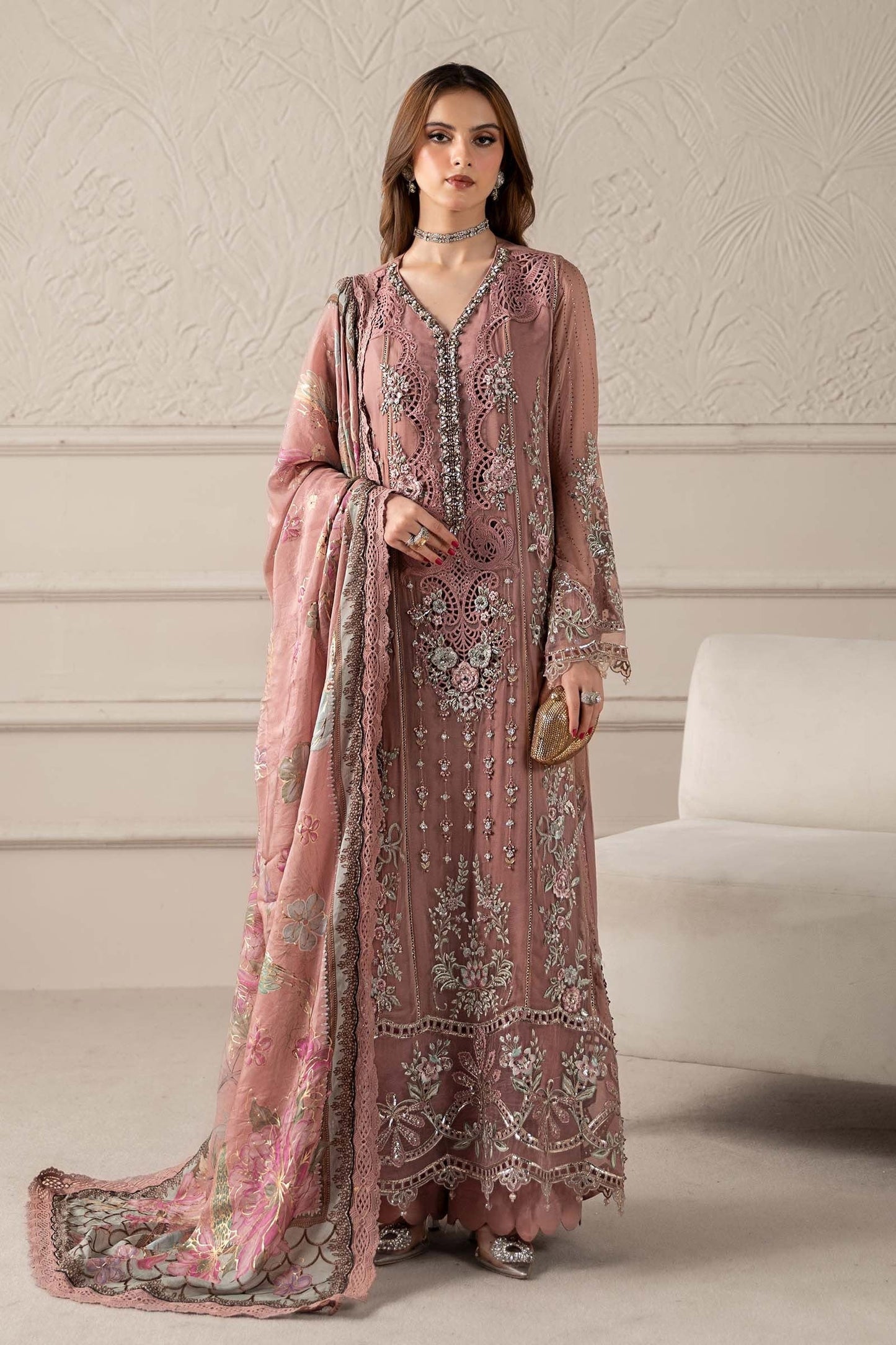 Coffee Elegance – Embroidered Chiffon 3-Piece