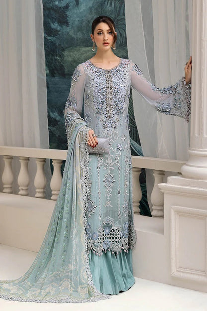 Aqua Serenity Embroidered Chiffon Suit